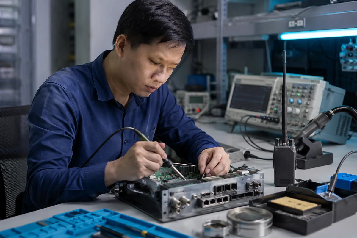 Kỹ thuật viên sửa chữa thiết bị liên lạc trên bàn chuyên dụng